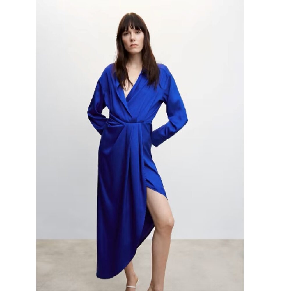 Mango MNG NWT Asymmetric Satin Midi Dress Blue Long Sleeve Party Wedding Size 2